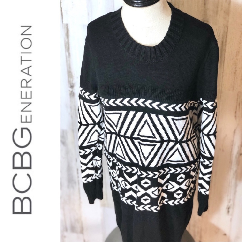 BCBGeneration Black and White Geometric Sweater Dress